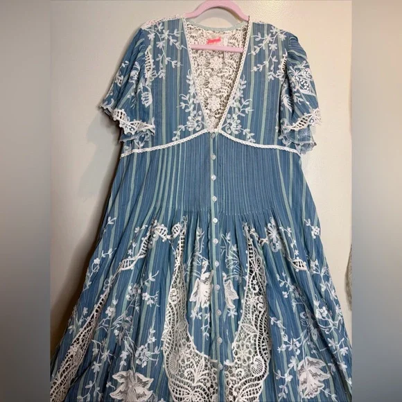 Free People Blue Bonnet Ethereal Cutwork Embroidered Lace Striped Maxi Dress  M - www.buildwithchirag.com